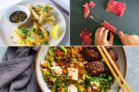 buckwheat noodles, tempura vegetables and slicing tuna