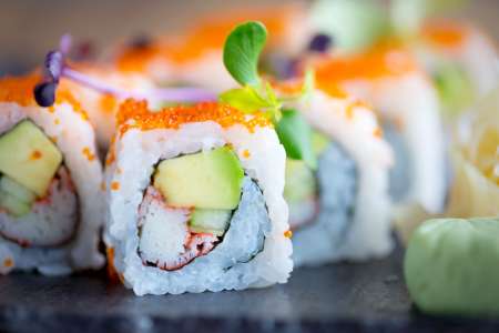 california sushi rolls with avocado, cucumber and crab