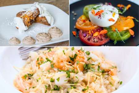 cannoli, caprese salad, and scallop shrimp risotto