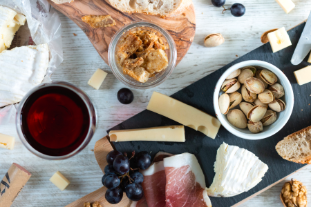 charcuterie board and wine