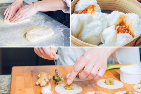 chef making bao dough from scratch steamed bao buns with spicy eggplant filling chef filling gyoza