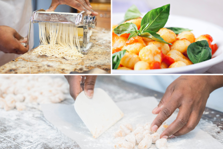 chef making spaghetti with pasta machine gnocchi with tomato sauce and basil leaves chef making gnocchi from scratch