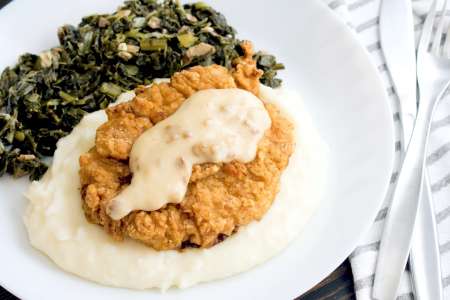 chicken fried steak with collard greens