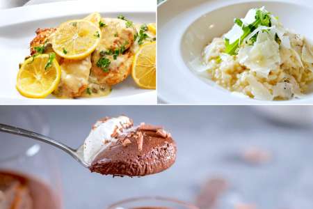 chicken piccata and risotto with chocolate mousse