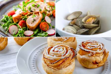 chicken rolls, butter clams and apple rose tarts