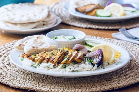 chicken shwawarma with rice and vegetables