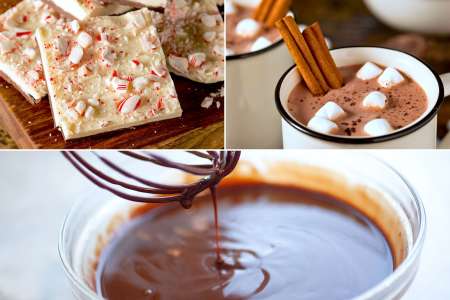 chocolate bark, hot cocoa and melted chocolate