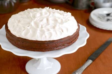 chocolate brownie torte with white chocolate mousse