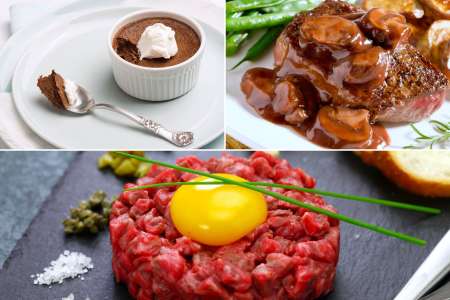 chocolate pots de creme and steak with mushrooms and beef tartare