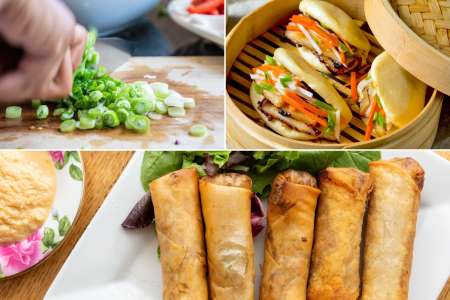 chopping scallions, bao buns and egg rolls