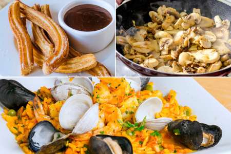 churros, seafood paella, and sauteing mushrooms