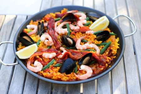 A beautiful pan of seafood paella