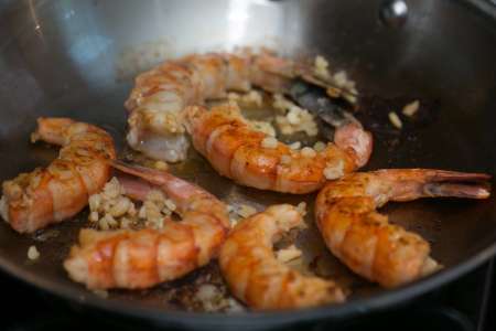 Shrimp cooking in a pan