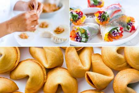 folding dumplings, fortune cookies, and spring rolls