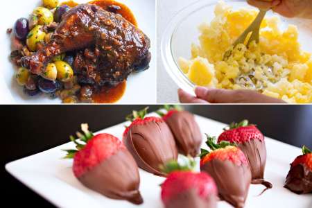 coq au vin, mashing potatoes and chocolate strawberries