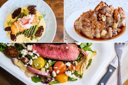 crab on salmon with bread pudding and a steak salad