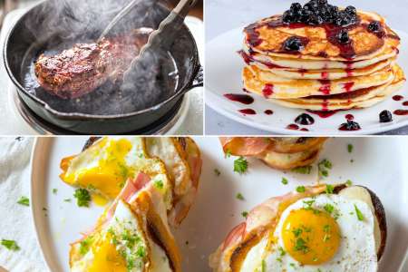 croque madam and blueberry pancakes and searing a steak for brunch