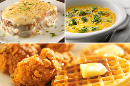 croque monsieur, cheddar and broccoli soup and chicken and waffles with honey butter