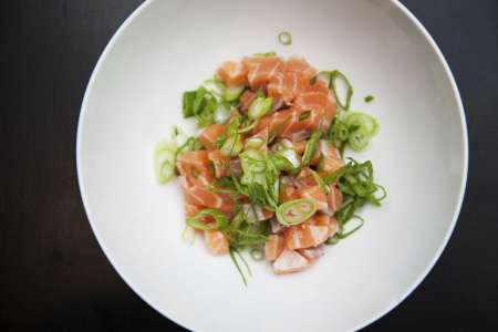 cubed salmon scallions