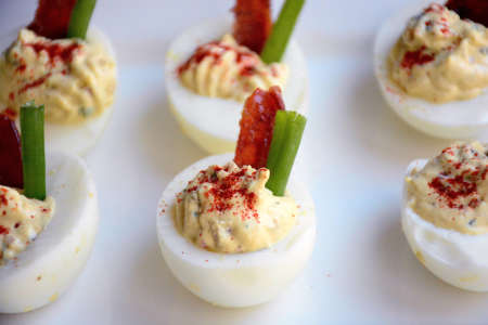 deviled eggs with candied bacon