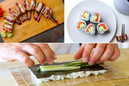 eel roll, salmon avocado roll and person rolling susi