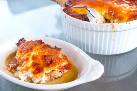 eggplant moussaka in a white dish