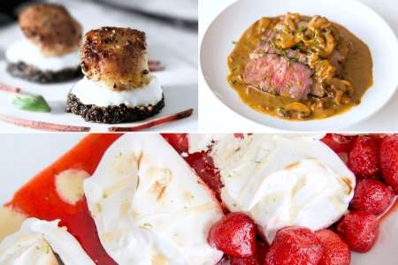 eton mess, steak and mushrooms and scallops with black pudding