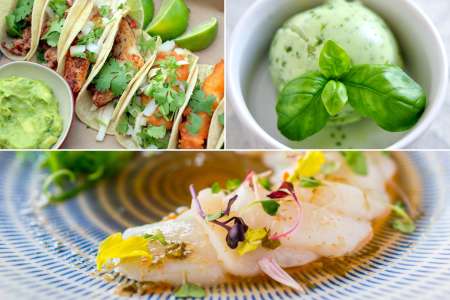 fish tacos and scallop aguachile with ice cream