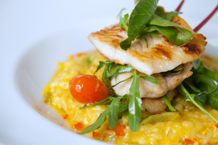 fish with corn risotto and tomato chutney