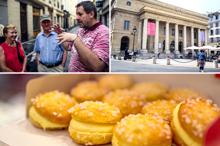 people on a food tour Odeon theatre de l'Europe in Saint Germain French pastries