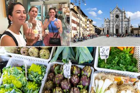 florence weekend tour   hero image of people enjoying gelato and visiting a farmers' market