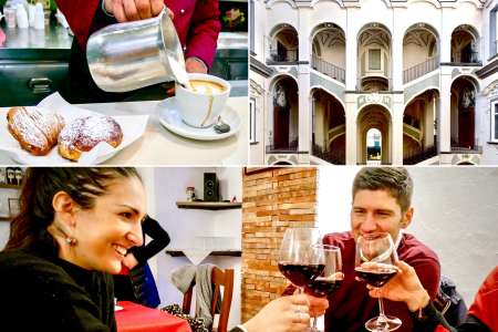 naples weekend tour   hero image of people enjoying wine and a man making cappuccino in naples italy