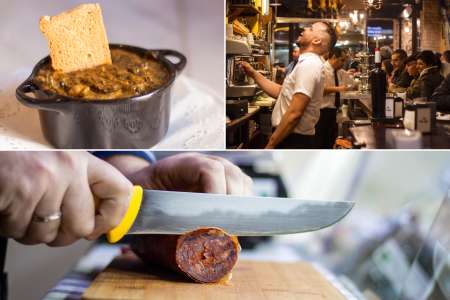 seville drink tour   hero image of a bar, chorizo and a spinach dish in seville spain