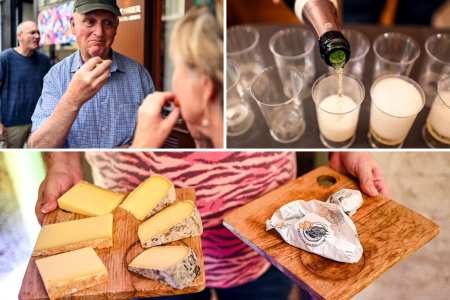 sampling food on a food tour pouring Champagne selection of cheeses