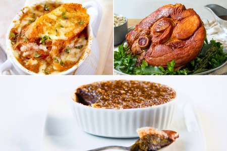 french onion soup, honey baked ham, and chocolate creme brulee