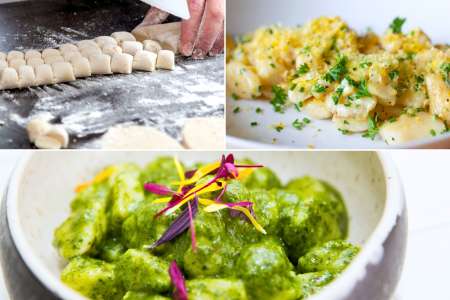 gnocchi with butter and herbs, gnocchi pesto, and making gnocchi