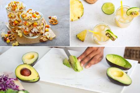 halloween snacks, slicing avocados and enjoying a lime and pineapple cocktail