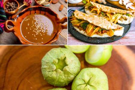 homemade mole, fresh tomatillo and zucchini blossom:mushroom tacos