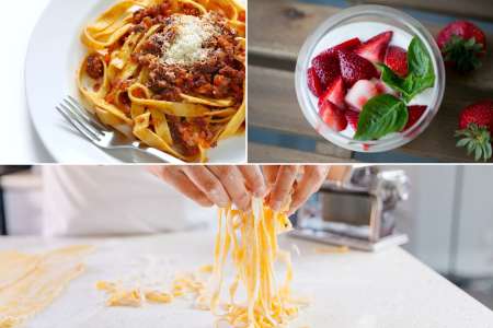 homemade pasta with bolognese and vanilla panna cotta