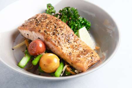 honey lemon glazed salmon fillet with garlic roasted broccolini