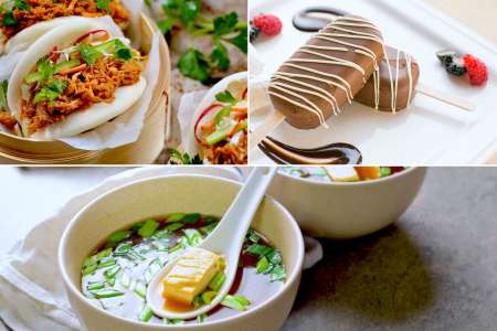 jackfruit bao buns and tofu soup and avocado chocolate pops