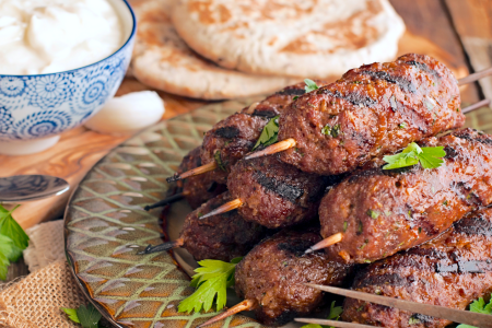 lamb kofta skewers with tzatziki and flatbread