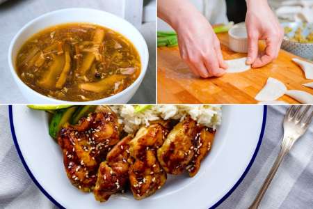 making gyoza, hot and sour soup and hoisin chicken