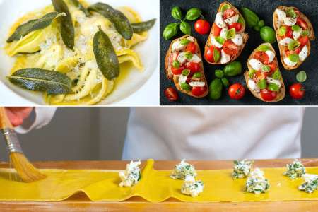 making ravioli, ravioli with sage butter, and bruschetta