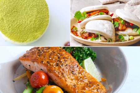 matcha cake, bao buns, asian salmon