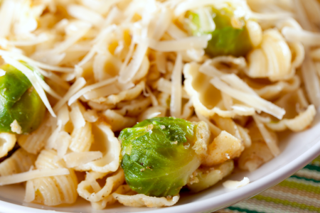 miso pasta with brussels sprouts