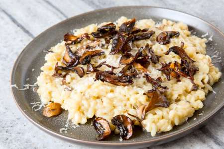 mushroom risotto on a gray plate