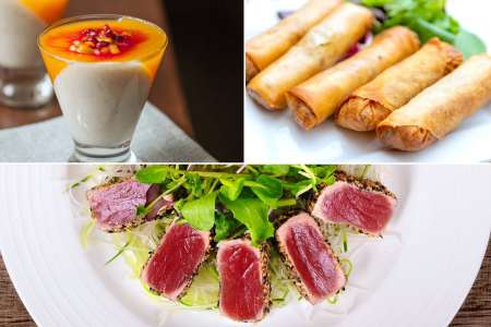 panna cotta, crispy spring rolls and seared tuna