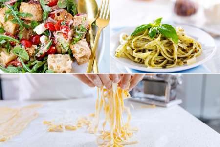 panzanella salad with homemade pesto fettuccine