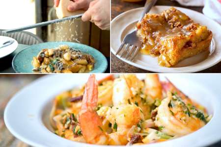 parisienne gnocchi and shrimp scampi with bread pudding